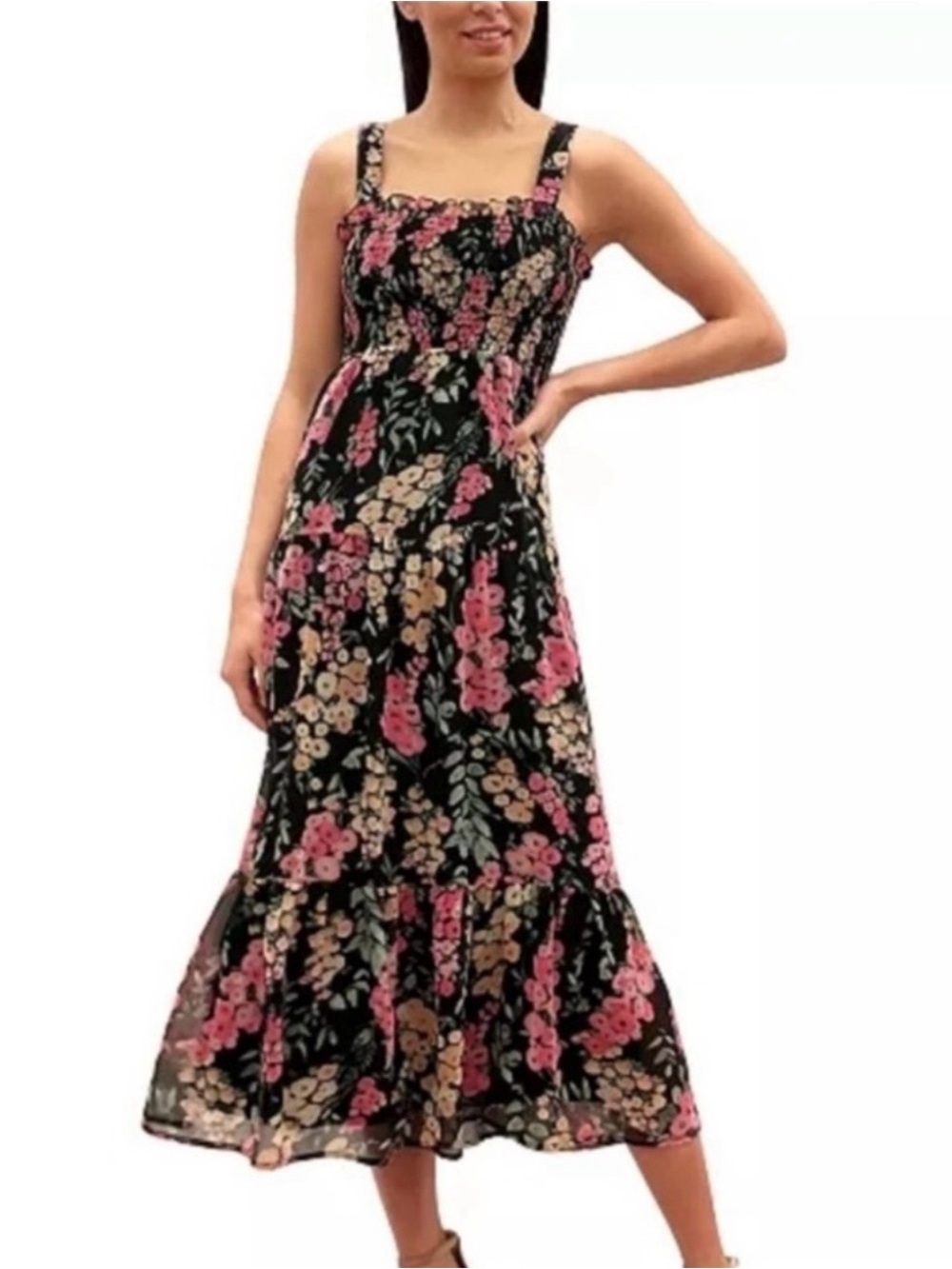 Sam Edelman Black Floral Midi Dress with Pink & Cream Blooms, size 14